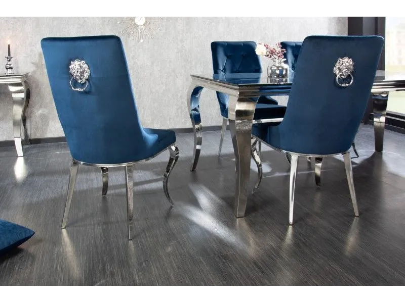 Lot de 2 Chaises de château en velours bleu royal piètement en acier inoxydable, tête de lion argenté