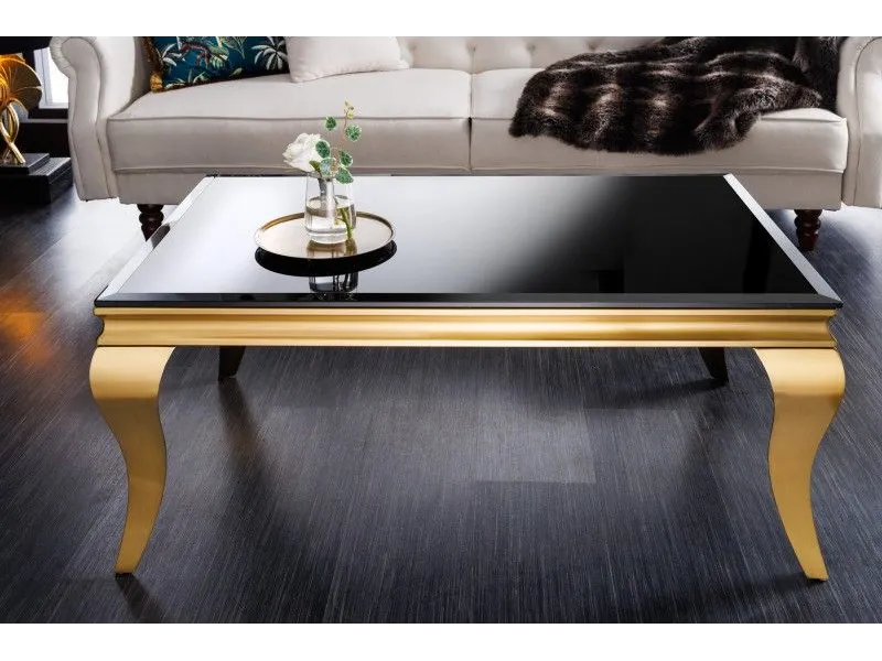 Table basse en verre noir et piètement doré de style baroque 100 cm