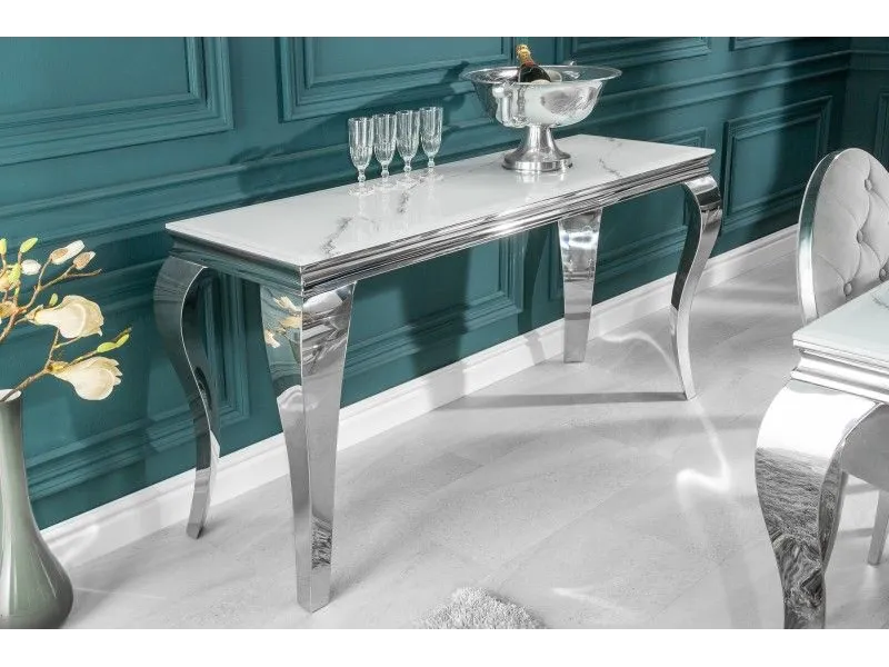 Console design baroque de 140cm coloris marbre argenté en verre trempé et acier inoxydable