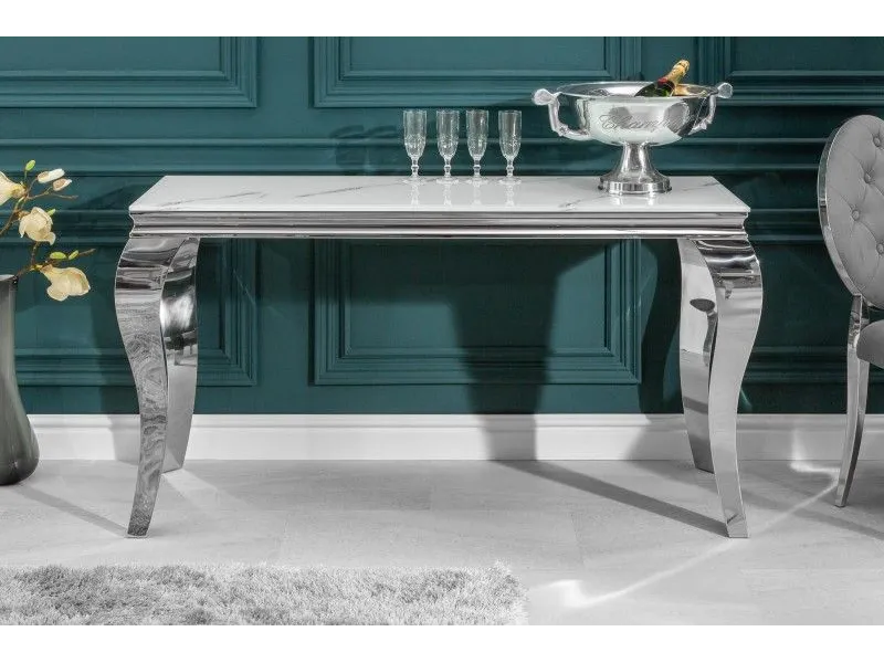 Console design baroque de 140cm coloris marbre argenté en verre trempé et acier inoxydable