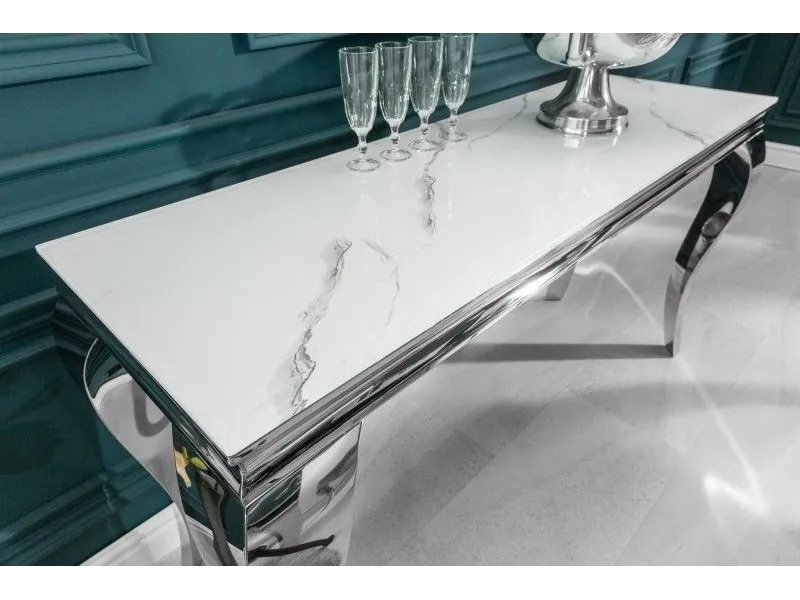 Console design baroque de 140cm coloris marbre argenté en verre trempé et acier inoxydable
