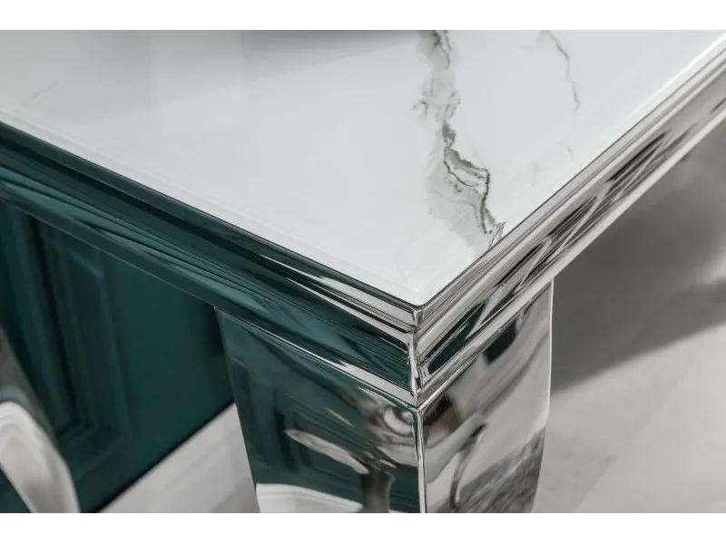 Console design baroque de 140cm coloris marbre argenté en verre trempé et acier inoxydable