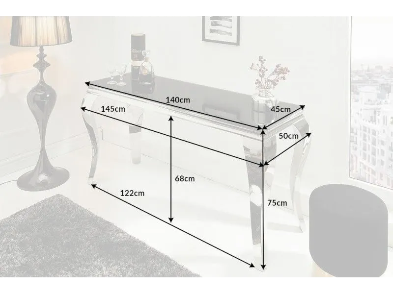 Console design baroque de 140cm coloris noir en verre trempé et acier inoxydable