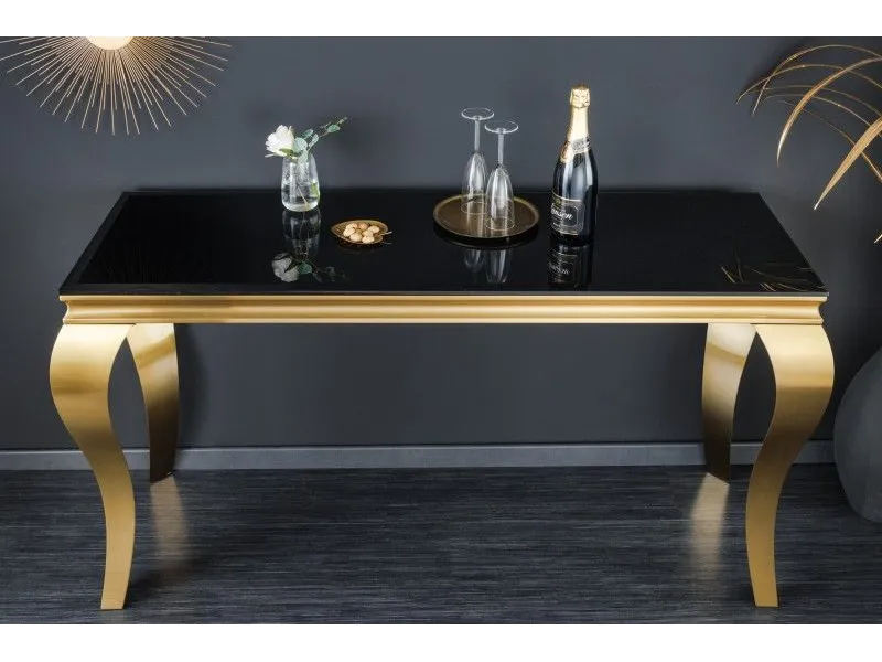Console design baroque de 140cm coloris noir en verre trempé et piètement doré