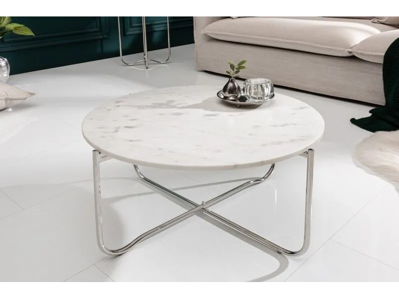 Table basse design en marbre coloris blanc avec piétement en métal argenté