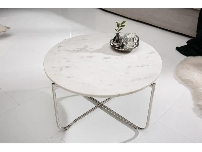 Table basse design en marbre coloris blanc avec piétement en métal argenté