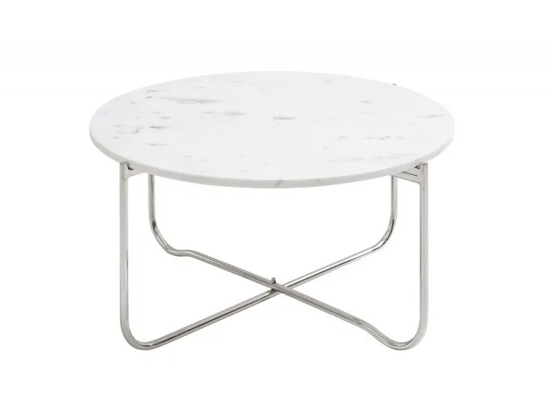 Table basse design en marbre coloris blanc avec piétement en métal argenté