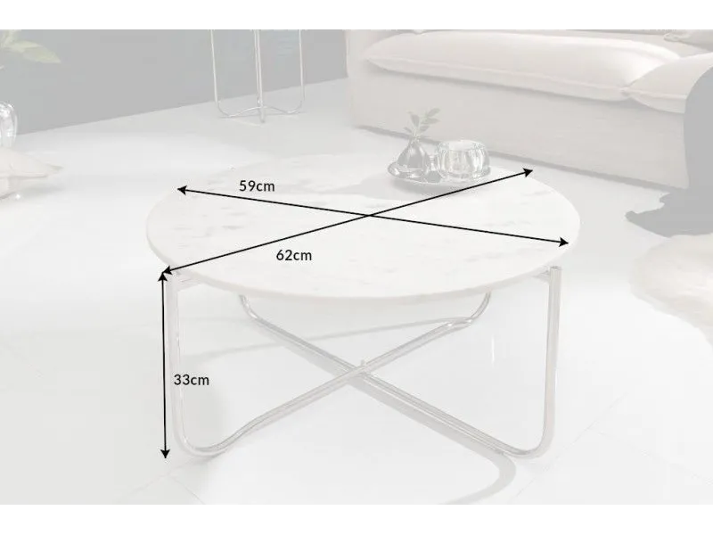 Table basse design en marbre coloris blanc avec piétement en métal argenté